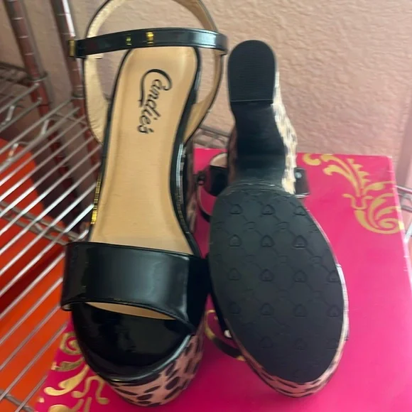 281 New box candies women's fern black print cheetah open toe sandal heels tan - Picture 5 of 9